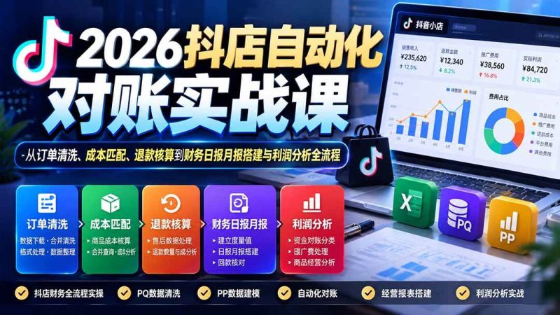 2026抖店自动化对账实战课：从订单清洗、成本匹配、退款核算到财务日报月报搭建与利润分析全流程|52搬砖-我爱搬砖网