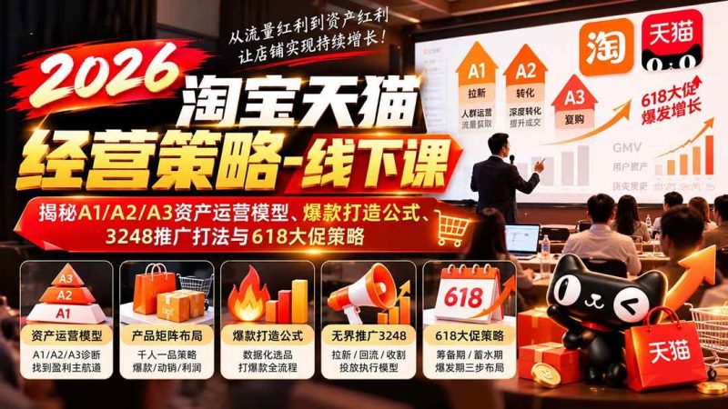 2026淘宝天猫经营策略-线下课：揭秘A1/A2/A3资产运营模型、爆款打造公式、3248推广打法与618大促策略|52搬砖-我爱搬砖网