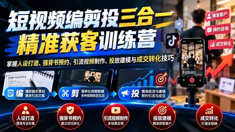短视频编剪投三合一精准获客训练营：掌握人设打造、强背书预约、引流视频制作、投放建模与成交转化技巧|52搬砖-我爱搬砖网