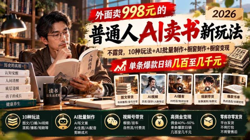 外面卖998元的2026普通人AI卖书新玩法：不露脸、不囤货，10种玩法+AI批量制作+橱窗变现，单条爆款日销几百至几千元|52搬砖-我爱搬砖网