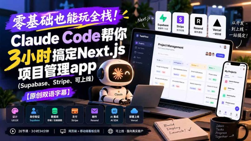 零基础也能玩全栈！Claude Code帮你3小时搞定Next.js项目管理app【原创双语字幕】|52搬砖-我爱搬砖网