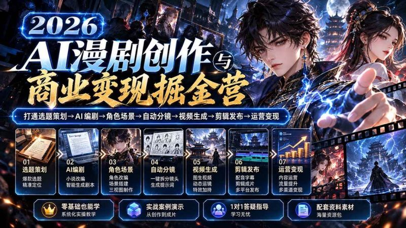 【无水印】2026AI漫剧创作与商业变现掘金营：打通选题→AI编剧→角色场景→自动分镜→视频生成→剪辑发布→运营变现|52搬砖-我爱搬砖网