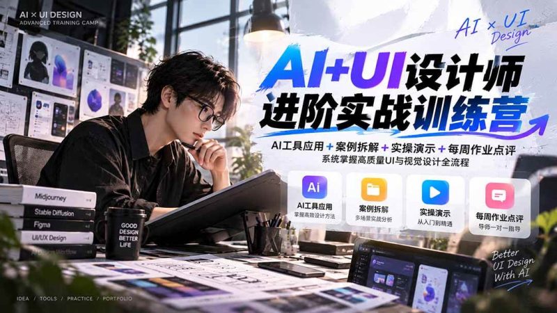 【无水印】AI+UI设计师进阶训练营-第4期：AI工具应用+案例拆解+实操演示+作业点评，掌握高质量UI与视觉设计全流程|52搬砖-我爱搬砖网