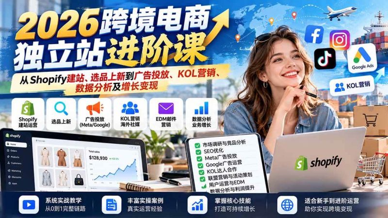 2026跨境电商独立站进阶课：从Shopify建站、选品上新到广告投放、KOL营销、数据分析及增长变现|52搬砖-我爱搬砖网