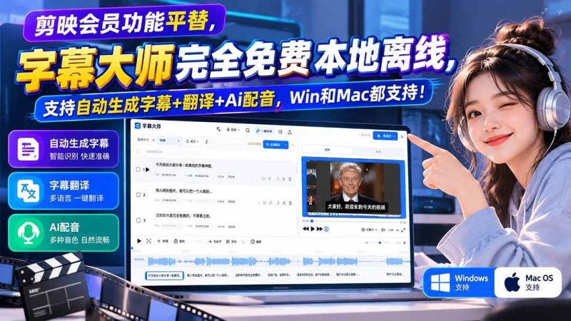 剪映会员功能平替，字幕大师完全免费本地离线，支持自动生成字幕+翻译+Ai配音，Win和Mac都支持！|52搬砖-我爱搬砖网