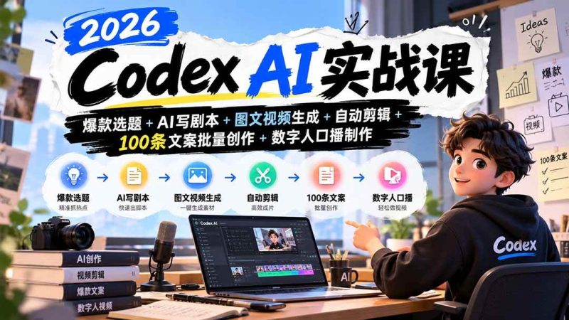 2026Codex AI实战课：爆款选题+AI写剧本+图文视频生成+自动剪辑+100条文案批量创作+数字人口播制作|52搬砖-我爱搬砖网