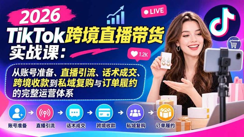 2026TikTok跨境直播带货实战课：从账号准备、直播引流、话术成交、跨境收款到私域复购与订单履约的完整运营体系|52搬砖-我爱搬砖网