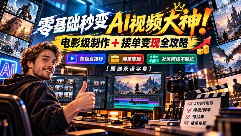 零基础秒变AI视频大神！电影级制作 + 接单变现全攻略，模板直接抄，社区陪练不踩坑【原创双语字幕】|52搬砖-我爱搬砖网