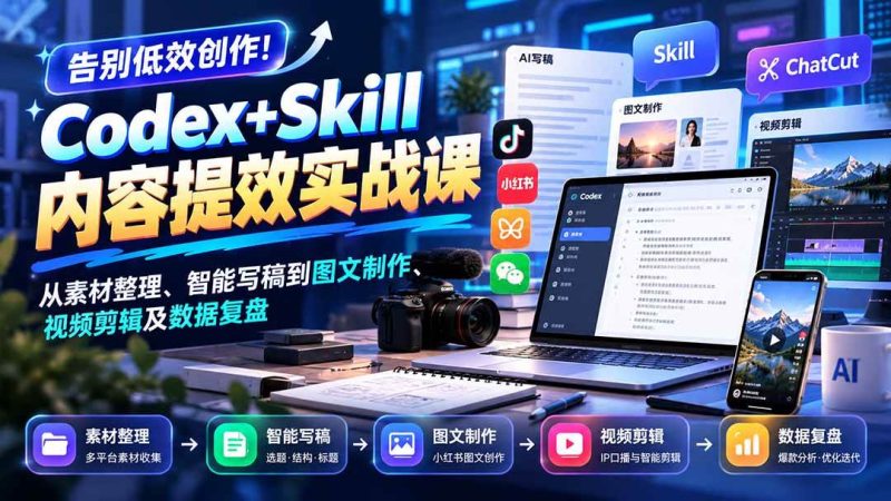 【无水印】告别低效创作！Codex+Skill内容提效实战课：从素材整理、智能写稿到图文制作、视频剪辑及数据复盘|52搬砖-我爱搬砖网