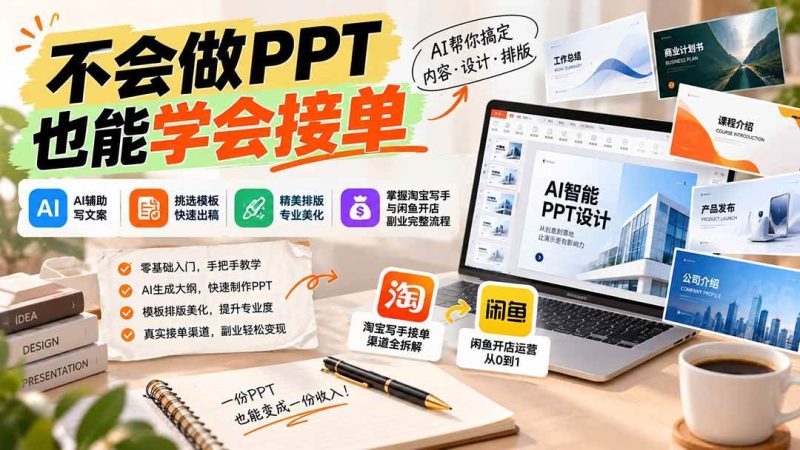 不会做PPT也能学会接单：AI辅助写文案、挑模板、做排版，掌握淘宝写手与闲鱼开店副业完整流程|52搬砖-我爱搬砖网