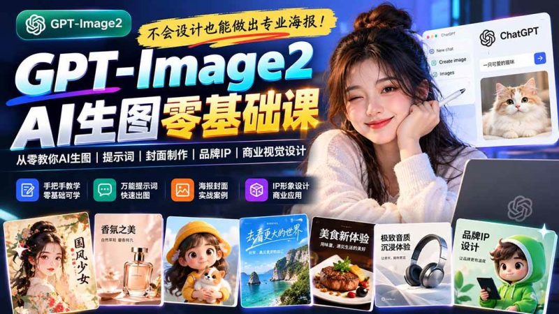 不会设计也能做出专业海报！GPT-Image2从零教你AI生图、提示词、封面制作、品牌IP与商业视觉设计|52搬砖-我爱搬砖网