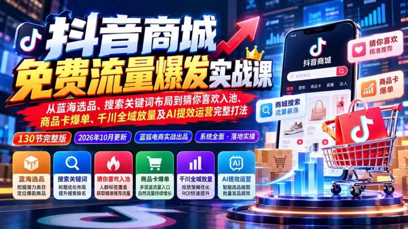 抖音商城免费流量爆发实战：从蓝海选品、搜索关键词布局到猜你喜欢入池、商品卡爆单、千川全域放量及AI提效完整打法|52搬砖-我爱搬砖网
