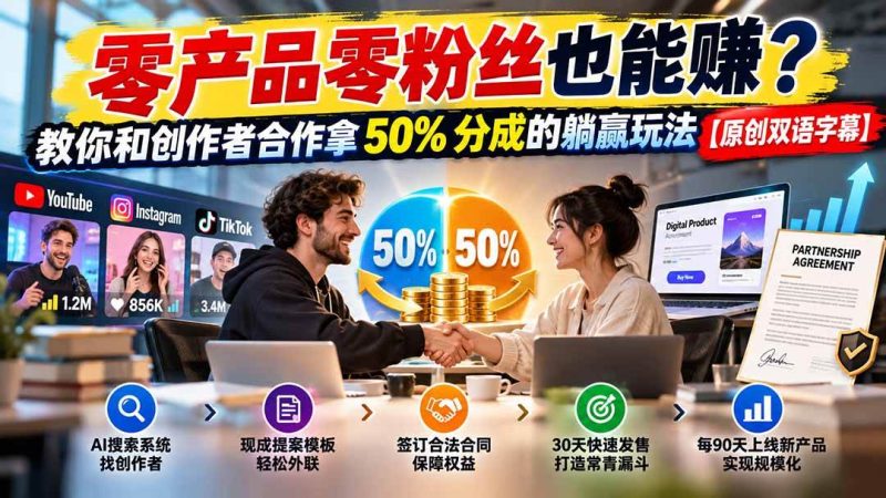 零产品零粉丝也能赚？教你和创作者合作拿 50% 分成的躺赢玩法【原创双语字幕】|52搬砖-我爱搬砖网