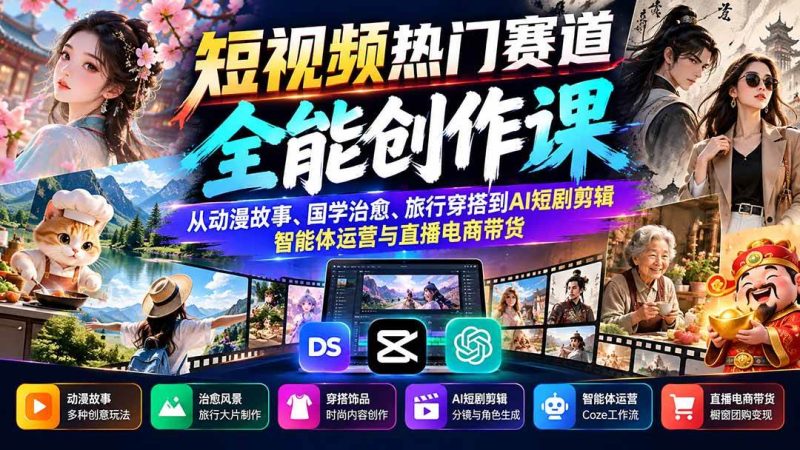 短视频热门赛道全能创作课：从动漫故事、国学治愈、旅行穿搭到AI短剧剪辑、智能体运营与直播电商带货|52搬砖-我爱搬砖网