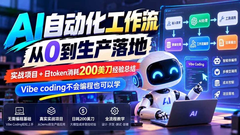 【无水印】AI自动化工作流从0到生产落地，实战项目+日token消耗200美刀经验总结，Vibe coding不会编程也可以学|52搬砖-我爱搬砖网
