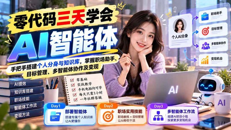 【无水印】零代码三天学会AI智能体：手把手搭建个人分身与知识库，掌握职场助手、目标管理、多智能体协作及变现|52搬砖-我爱搬砖网