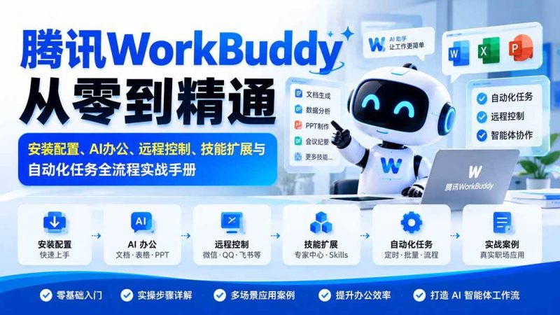 腾讯WorkBuddy从零到精通：安装配置、AI办公、远程控制、技能扩展与自动化任务全流程实战手册|52搬砖-我爱搬砖网