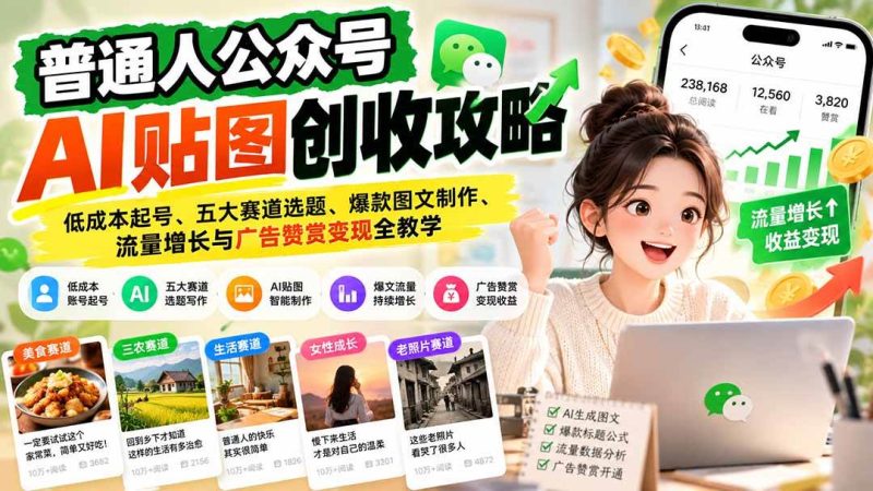 普通人公众号AI贴图创收攻略：低成本起号、五大赛道选题、爆款图文制作、流量增长与广告赞赏变现全教学|52搬砖-我爱搬砖网