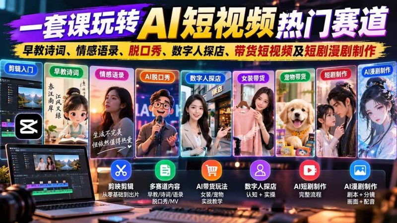 一套课玩转AI短视频热门赛道:早教诗词、情感语录、脱口秀、数字人探店、带货短视频及短剧漫剧制作 复制标题|52搬砖-我爱搬砖网