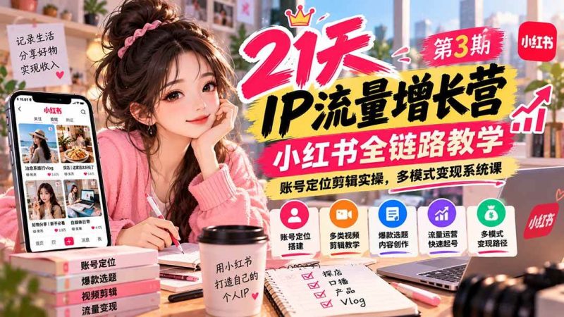 【无水印】21天IP流量增长营-第3期，小红书全链路教学，账号定位剪辑实操，多模式变现系统课|52搬砖-我爱搬砖网