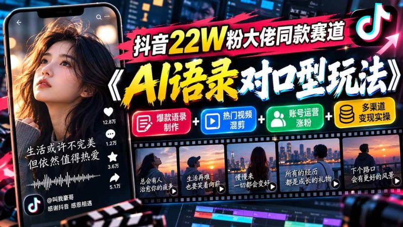 抖音22W粉大佬同款赛道《AI语录对口型玩法》：爆款语录制作+热门视频混剪+账号运营涨粉+多渠道变现实操|52搬砖-我爱搬砖网
