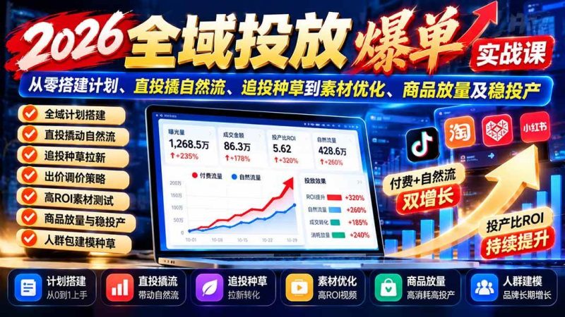 2026全域投放爆单实战课：从零搭建计划、直投撬自然流、追投种草到素材优化、商品放量及稳投产|52搬砖-我爱搬砖网