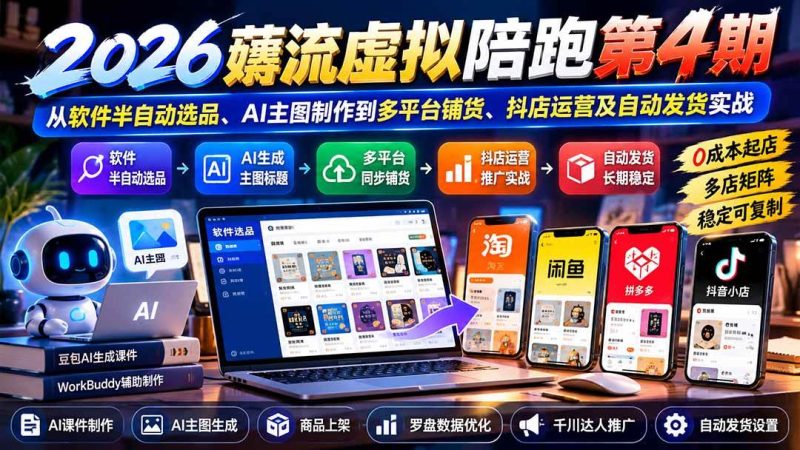 2026薅流虚拟陪跑第4期：从软件半自动选品、AI主图制作到多平台铺货、抖店运营及自动发货实战|52搬砖-我爱搬砖网