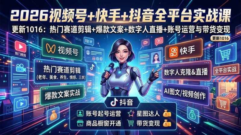 视频号+快手+抖音三大平台的全栈剪辑+数字人直播实战课-3月更新：快速实现短视频变现|52搬砖-我爱搬砖网