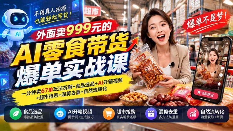 外面卖999元的AI零食带货爆单实战课｜一分钟卖67单玩法拆解+食品选品+AI开箱视频+超市抢购+混剪去重+自然流转化|52搬砖-我爱搬砖网
