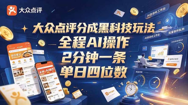 大众点评分成全网独家玩法，AI 全自动出内容，2 分钟一条，小白可冲单日四位数|52搬砖-我爱搬砖网