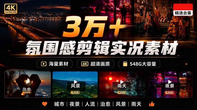 氛围感3万+海量高清剪辑实况素材，含雨天、雪天、夜景、街道等经典场景，伤感唯美励志短视频无水印素材|52搬砖-我爱搬砖网
