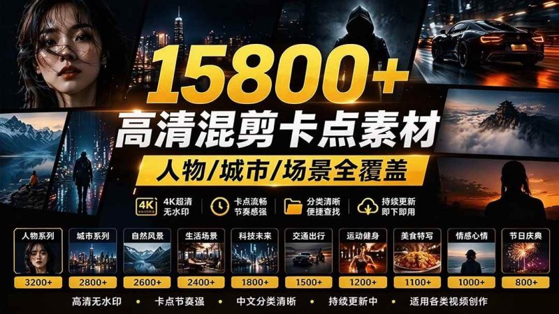 【影视剪辑素材合集】15800+高清混剪卡点｜热门影视精彩片段｜人物/城市/场景全覆盖，中文分类清晰|52搬砖-我爱搬砖网
