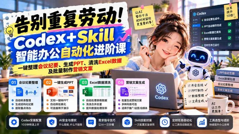 告别重复劳动！Codex+Skill智能办公自动化进阶课：一键整理会议纪要、生成PPT、清洗Excel数据及批量制作营销文案|52搬砖-我爱搬砖网