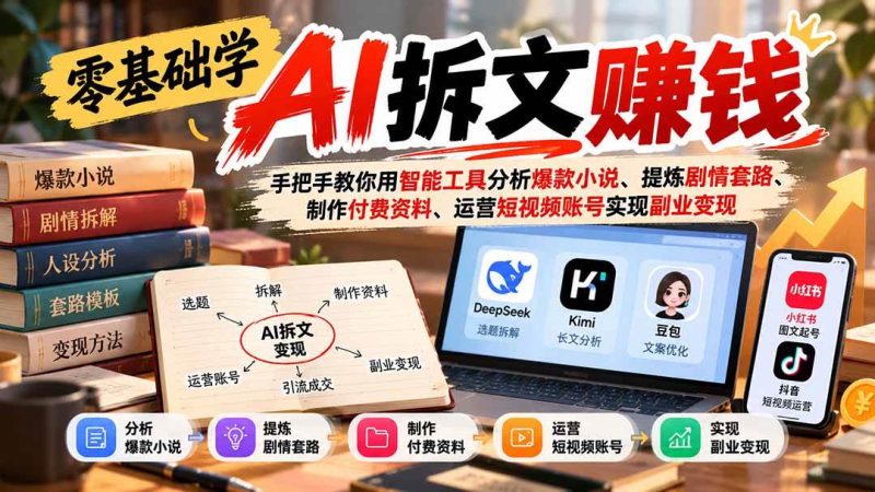 零基础学AI拆文赚钱：手把手教你用智能工具分析爆款小说、提炼剧情套路、制作付费资料、运营短视频账号实现副业变现|52搬砖-我爱搬砖网
