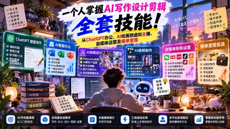 一个人掌握AI写作设计剪辑全套技能：从ChatGPT办公、AI绘画到虚拟主播、自媒体运营及接单变现|52搬砖-我爱搬砖网