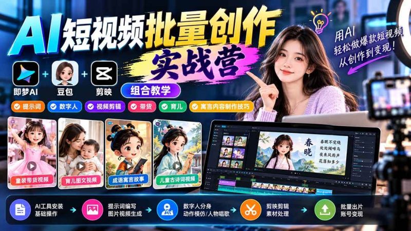 【无水印】AI短视频批量创作实战营：即梦+豆包+剪映组合教学，提示词/数字人/视频剪辑/带货/育儿/寓言内容制作技巧|52搬砖-我爱搬砖网