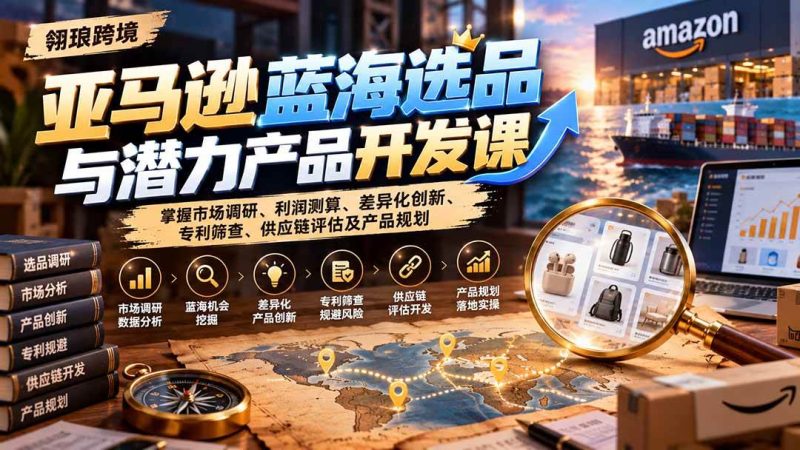 亚马逊蓝海选品与潜力产品开发课：掌握市场调研、利润测算、差异化创新、专利筛查、供应链评估及产品规划|52搬砖-我爱搬砖网