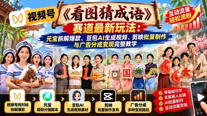 视频号《看图猜成语》赛道最新玩法：元宝拆解爆款、豆包AI生成视频、剪映批量制作与广告分成变现完整教学|52搬砖-我爱搬砖网