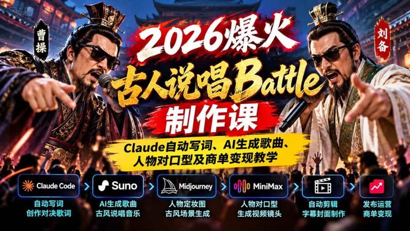 2026爆火古人说唱Battle制作课：Claude自动写词、AI生成歌曲、人物对口型及商单变现教学|52搬砖-我爱搬砖网