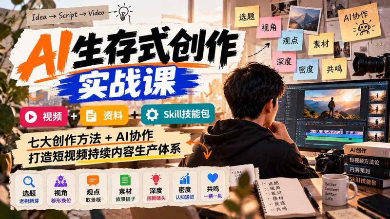 AI生存式创作实战课：视频+资料+Skill技能包，七大创作方法+AI协作，打造短视频持续内容生产体系|52搬砖-我爱搬砖网