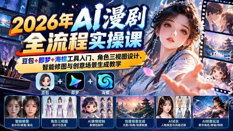 2026年AI漫剧全流程实操课：豆包+即梦+海螺工具入门、角色三视图设计、智能修图与创意场景生成教学|52搬砖-我爱搬砖网
