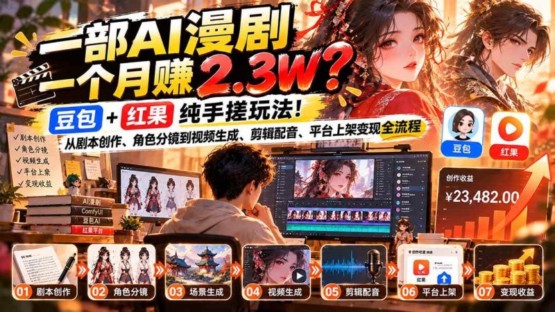 一部AI漫剧一个月赚2.3W？豆包+红果纯手搓玩法！从剧本创作、角色分镜到视频生成、剪辑配音、平台上架变现全流程|52搬砖-我爱搬砖网