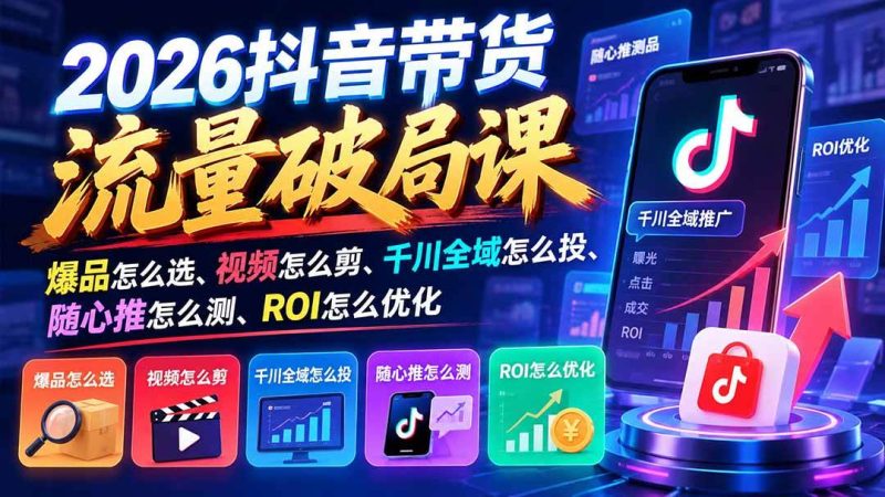 2026抖音带货流量破局课：爆品怎么选、视频怎么剪、千川全域怎么投、随心推怎么测、ROI怎么优化|52搬砖-我爱搬砖网