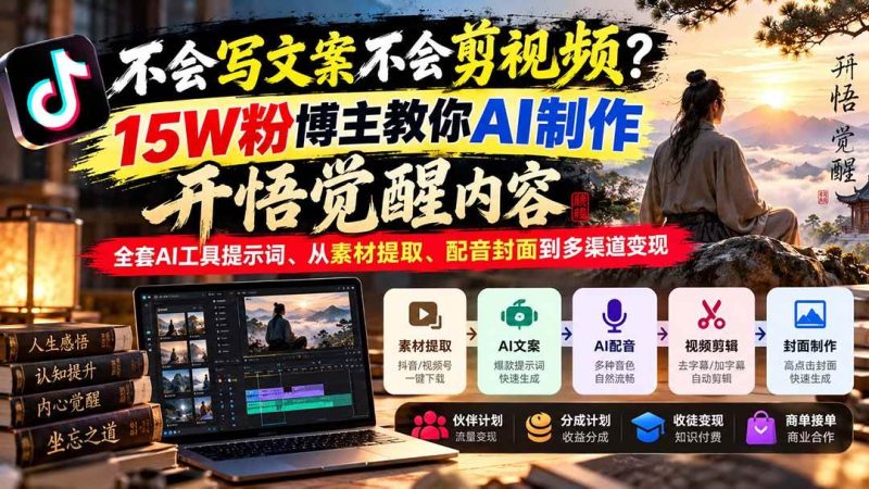 不会写文案不会剪视频？15W粉博主教你AI制作开悟觉醒内容，全套AI工具提示词、从素材提取、配音封面到多渠道变现|52搬砖-我爱搬砖网
