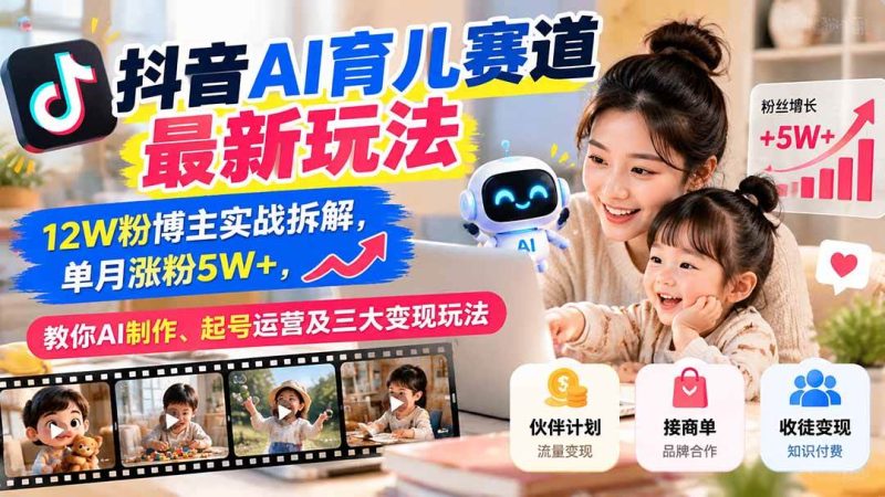 抖音AI育儿赛道最新玩法：12W粉博主实战拆解，单月涨粉5W+，教你AI制作、起号运营及三大变现玩法|52搬砖-我爱搬砖网