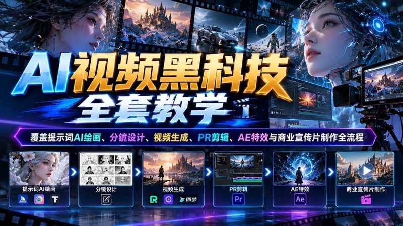 AI视频黑科技全套教学：覆盖提示词AI绘画、分镜设计、视频生成、PR剪辑、AE特效与商业宣传片制作全流程|52搬砖-我爱搬砖网