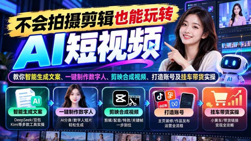 不会拍摄剪辑也能玩转AI短视频:教你智能生成文案、一键制作数字人、剪映合成视频、打造账号及挂车带货实操|52搬砖-我爱搬砖网