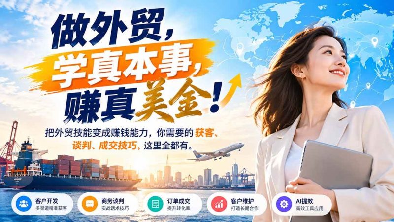 做外贸，学真本事，赚真美金！把外贸技能变成赚钱能力，你需要的获客、谈判、成交技巧，这里全都有|52搬砖-我爱搬砖网