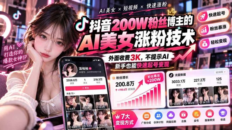 抖音200W粉丝博主的AI美女涨粉技术，外面收费3K，不提示AI，新手也能快速起号变现|52搬砖-我爱搬砖网