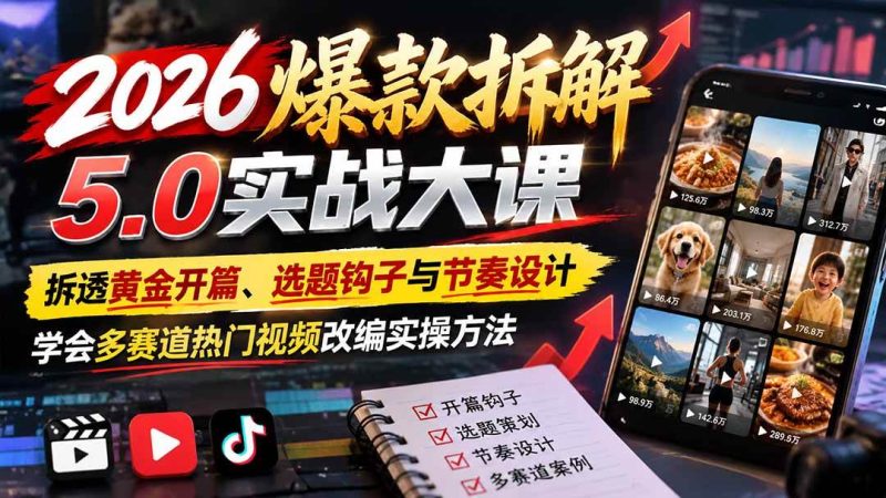 2026爆款拆解5.0实战大课：拆透黄金开篇、选题钩子与节奏设计，学会多赛道热门视频改编实操方法|52搬砖-我爱搬砖网